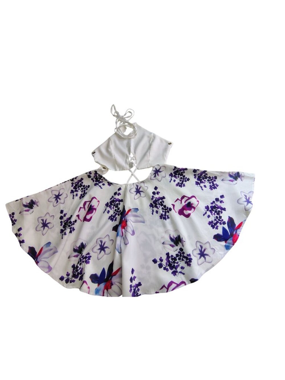 Womens Floral Halter Dress With Lace-Up Back And White BodiceLightweight, Size M